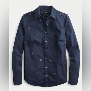 J.Crew Embellished Cherries Navy Organic Cotton Button Down Shirt Size 10